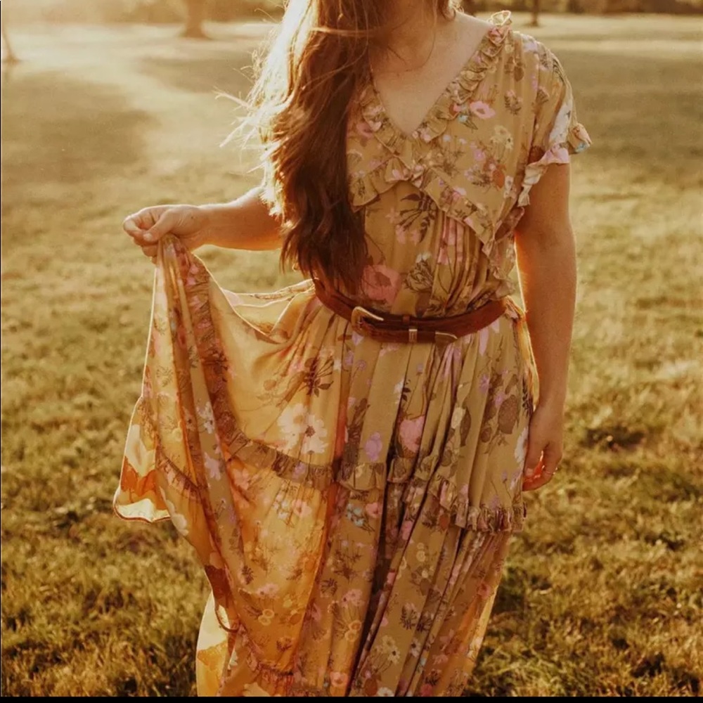 Boho 60s Floral Gypsy Print Maxi Dress Yellow - Picture 2 of 13